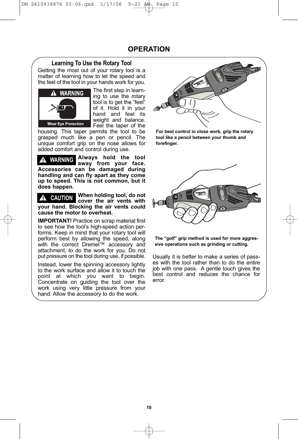 Operation | Dremel 03-5415317 User Manual | Page 10 / 24