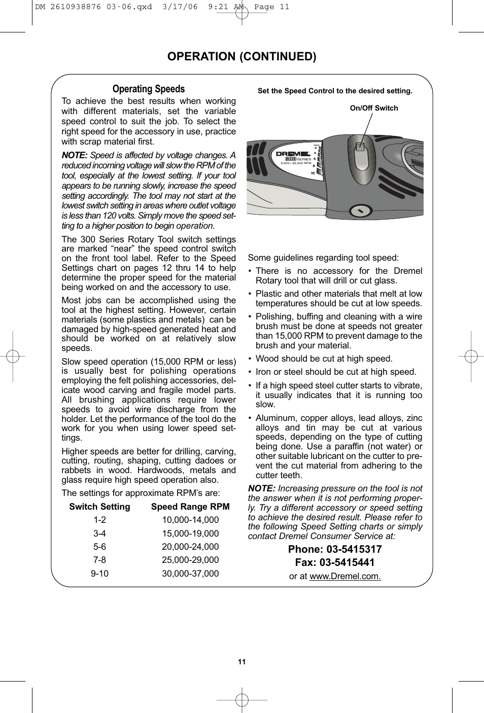Operation (continued) | Dremel 03-5415317 User Manual | Page 11 / 24
