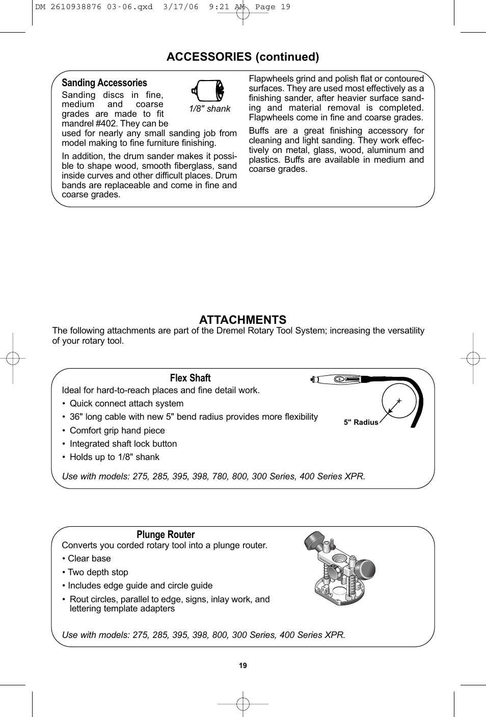 Accessories (continued) attachments, Sanding accessories, Flex shaft | Plunge router | Dremel 03-5415317 User Manual | Page 19 / 24