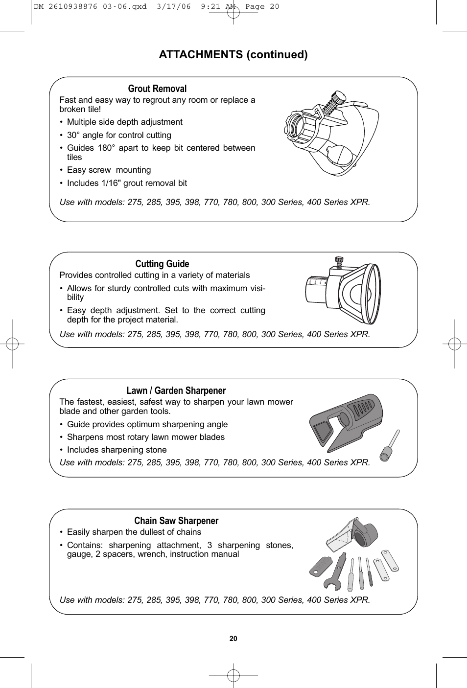 Attachments (continued), Lawn / garden sharpener, Chain saw sharpener | Grout removal, Cutting guide | Dremel 03-5415317 User Manual | Page 20 / 24
