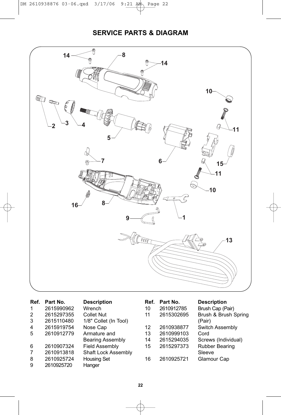 Service parts & diagram | Dremel 03-5415317 User Manual | Page 22 / 24