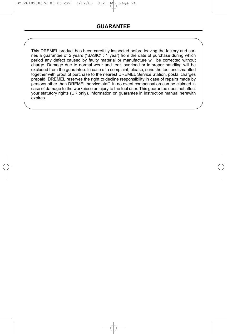 Guarantee | Dremel 03-5415317 User Manual | Page 24 / 24