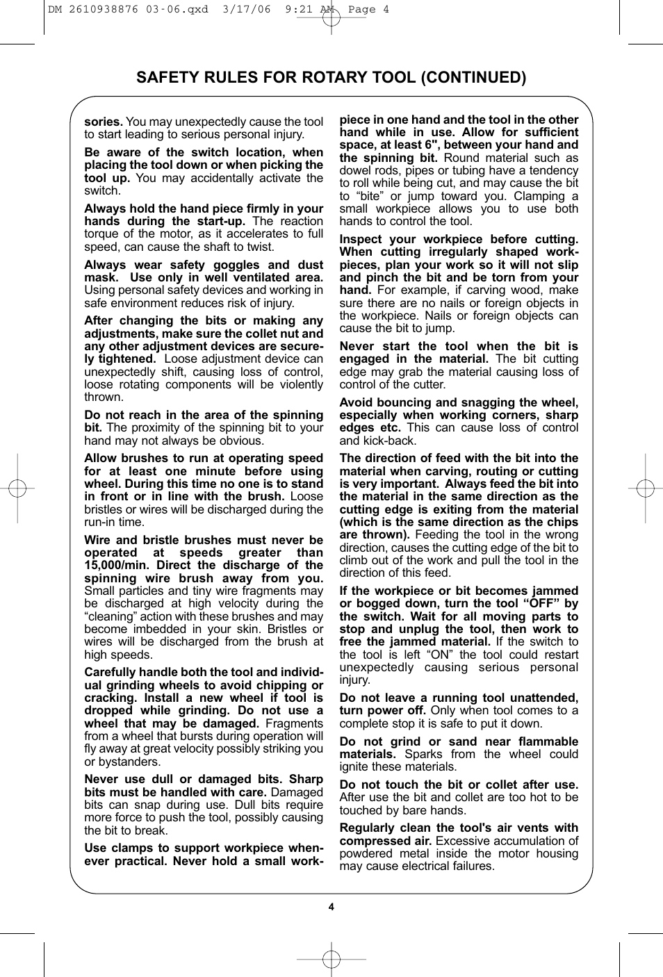 Safety rules for rotary tool (continued) | Dremel 03-5415317 User Manual | Page 4 / 24