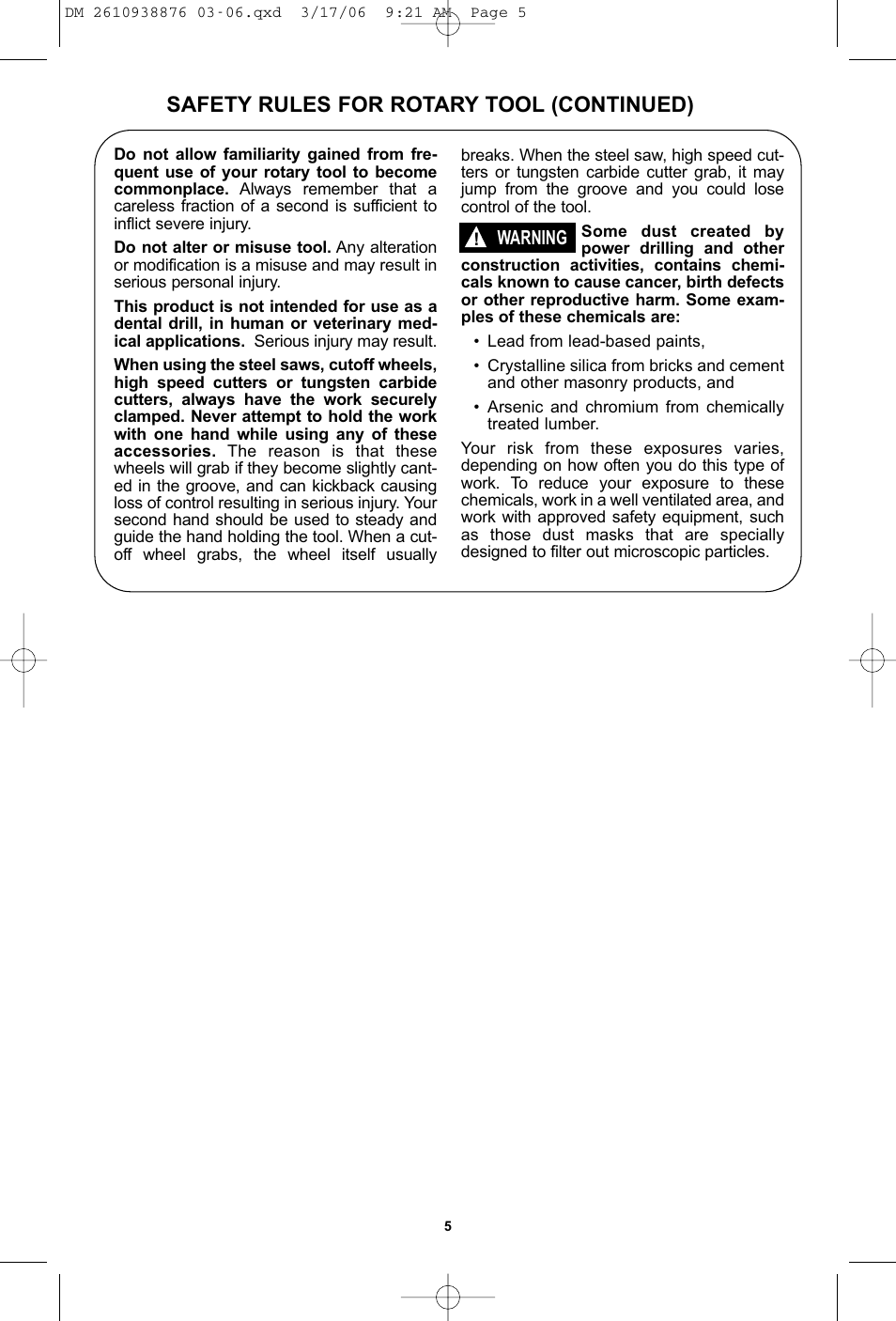 Safety rules for rotary tool (continued) | Dremel 03-5415317 User Manual | Page 5 / 24