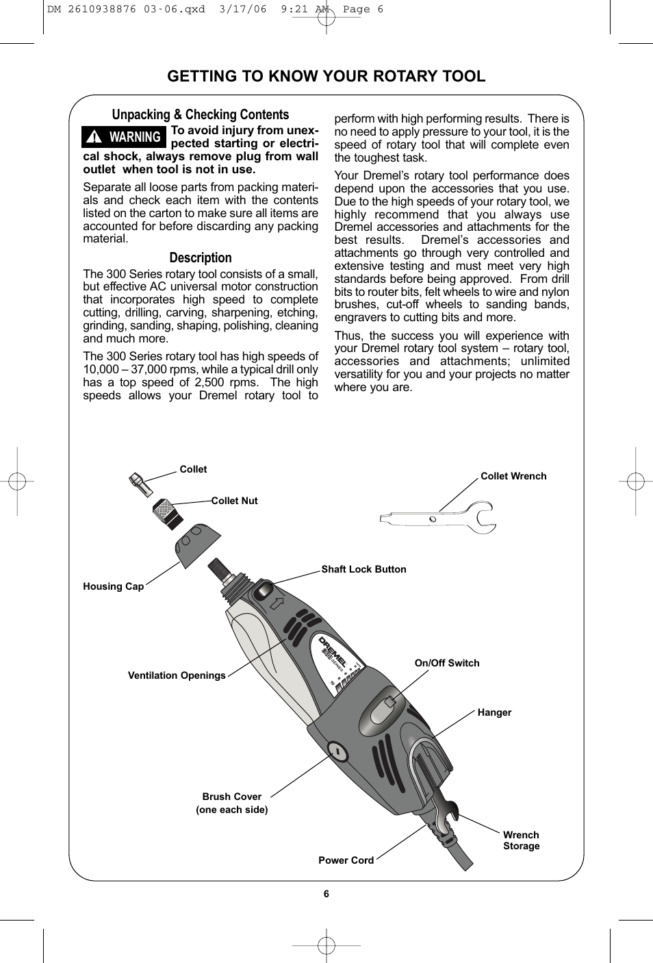 Getting to know your rotary tool, Unpacking & checking contents, Description | Warning | Dremel 03-5415317 User Manual | Page 6 / 24