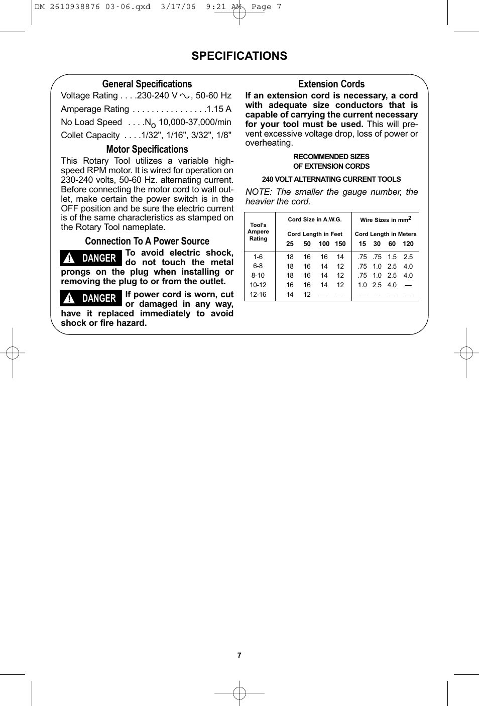 Specifications, General specifications, Motor specifications | Connection to a power source, Danger, Extension cords | Dremel 03-5415317 User Manual | Page 7 / 24