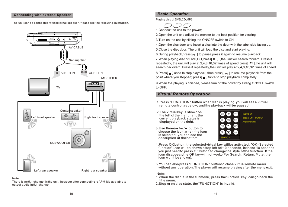 Ò³ãæ 7, Virtual remote operation, Basic operation | Curtis SDVD8716D User Manual | Page 7 / 11