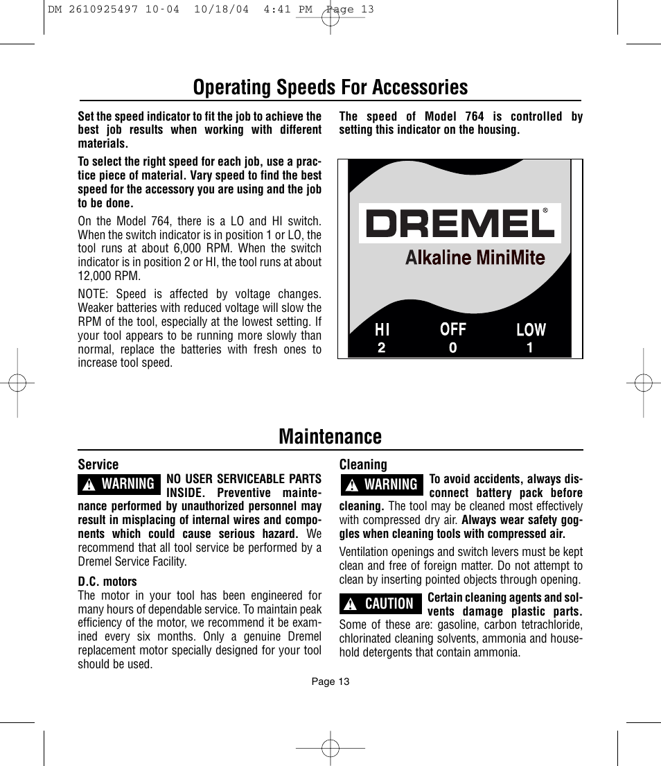 Operating speeds for accessories, Maintenance | Dremel 764 User Manual | Page 13 / 43