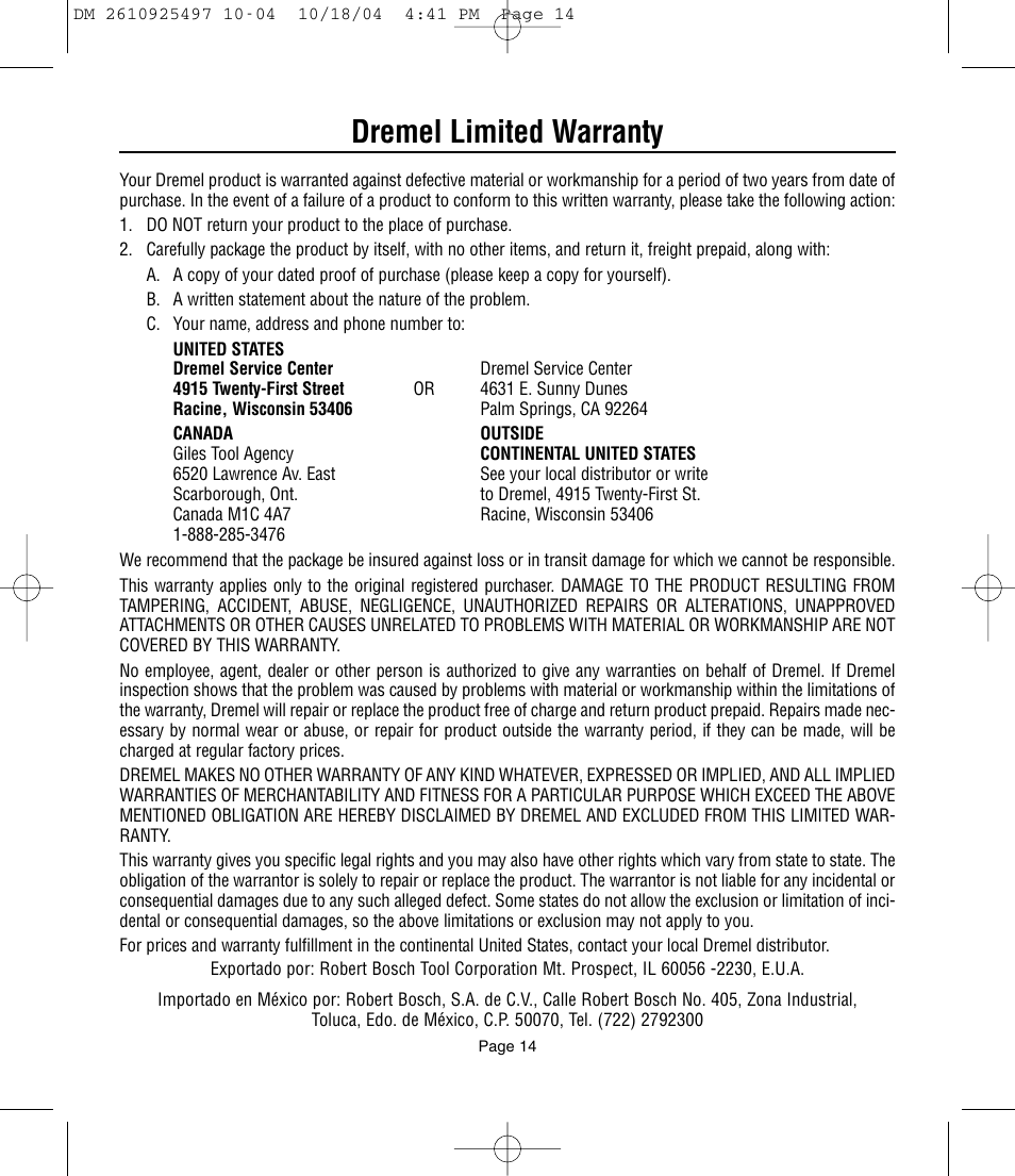 Dremel limited warranty | Dremel 764 User Manual | Page 14 / 43