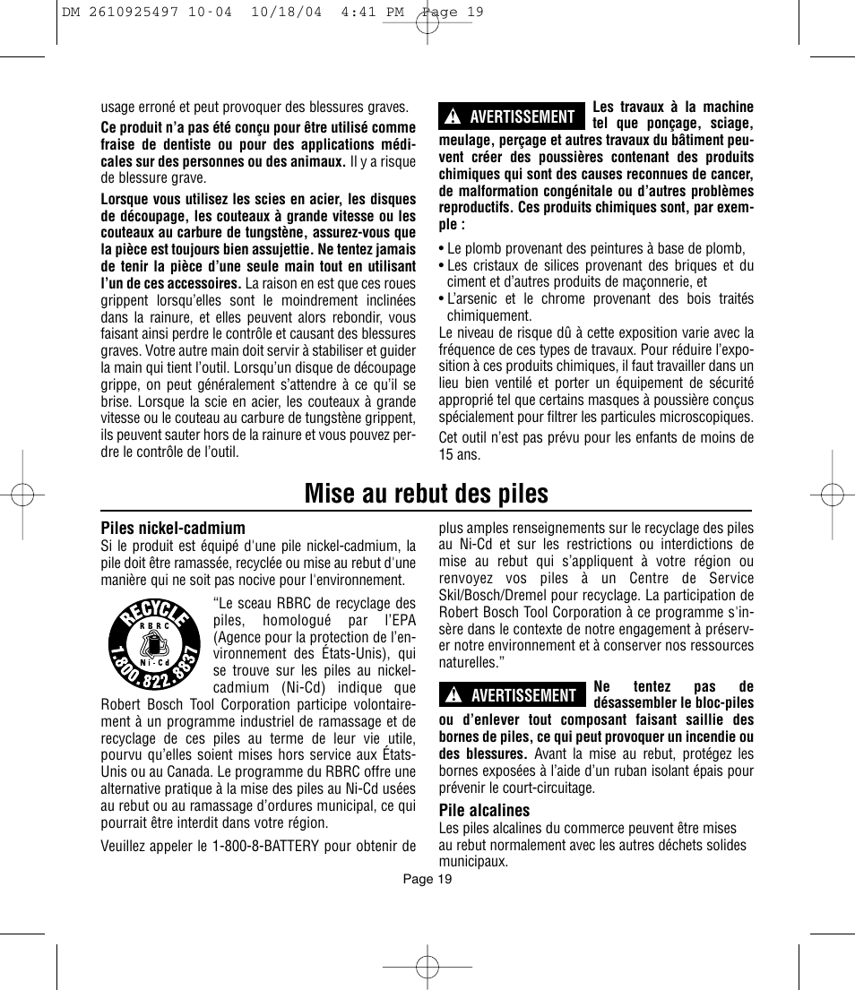 Mise au rebut des piles | Dremel 764 User Manual | Page 19 / 43