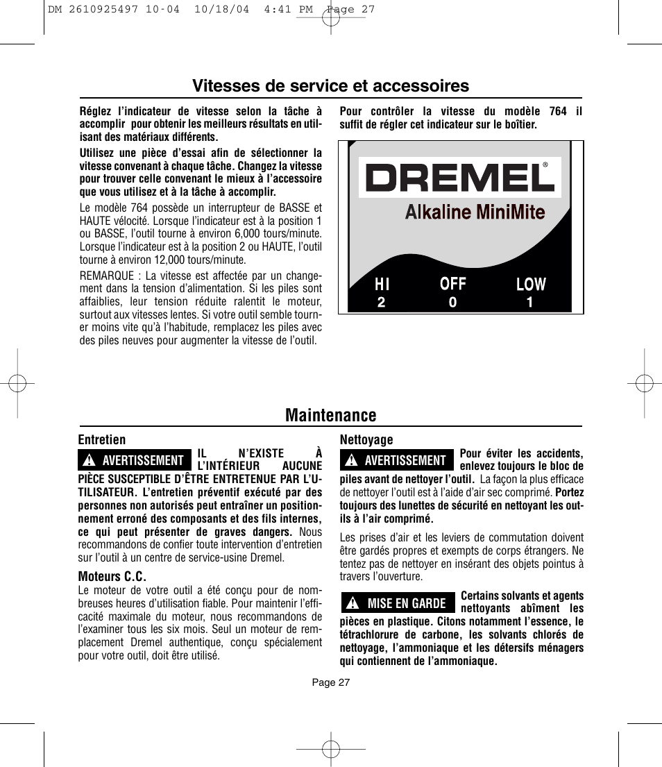 Maintenance, Vitesses de service et accessoires | Dremel 764 User Manual | Page 27 / 43