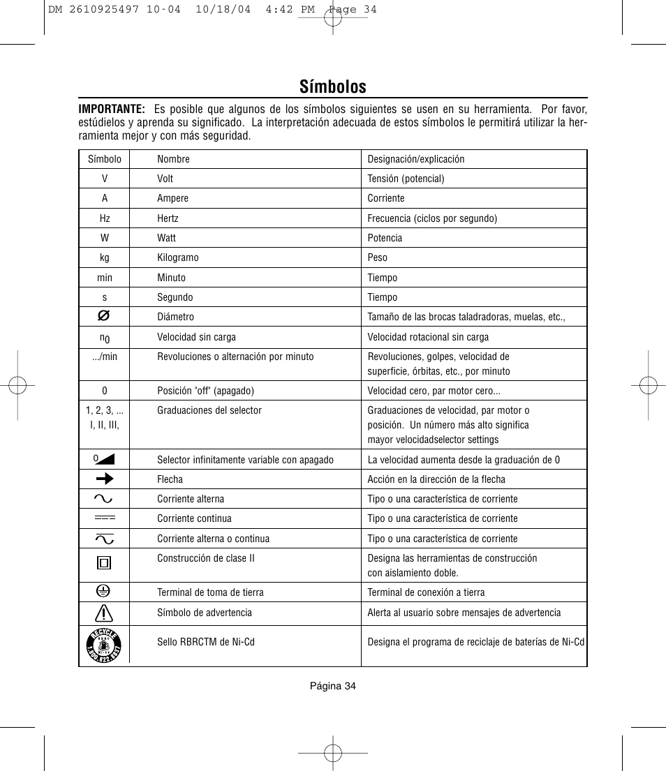 Símbolos | Dremel 764 User Manual | Page 34 / 43
