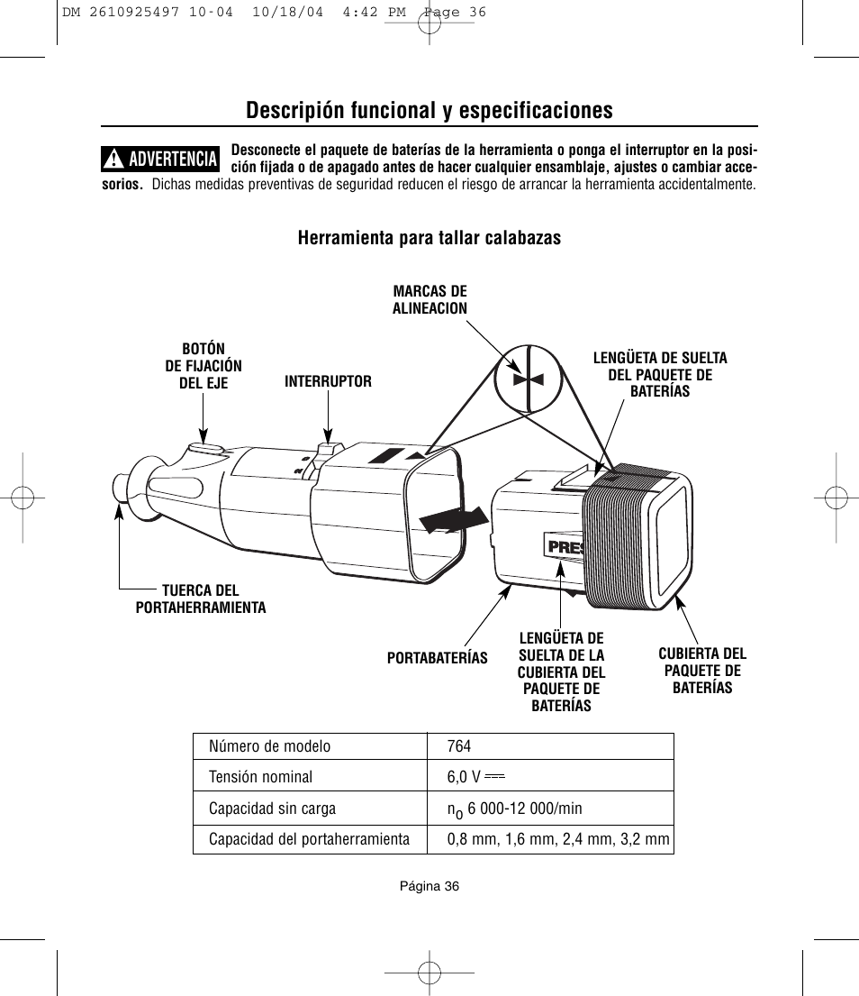 Descripión funcional y especificaciones, Advertencia | Dremel 764 User Manual | Page 36 / 43