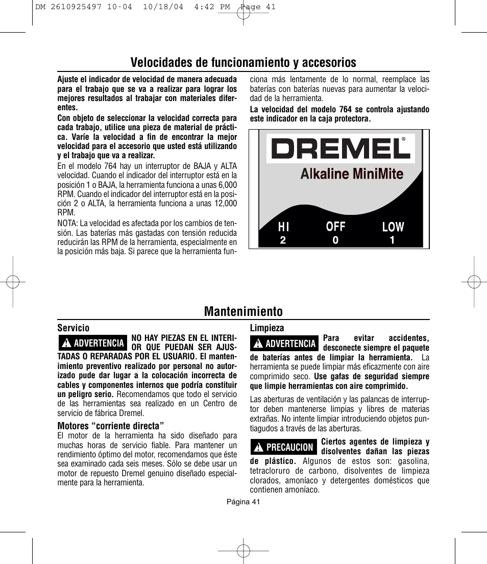 Velocidades de funcionamiento y accesorios, Mantenimiento | Dremel 764 User Manual | Page 41 / 43