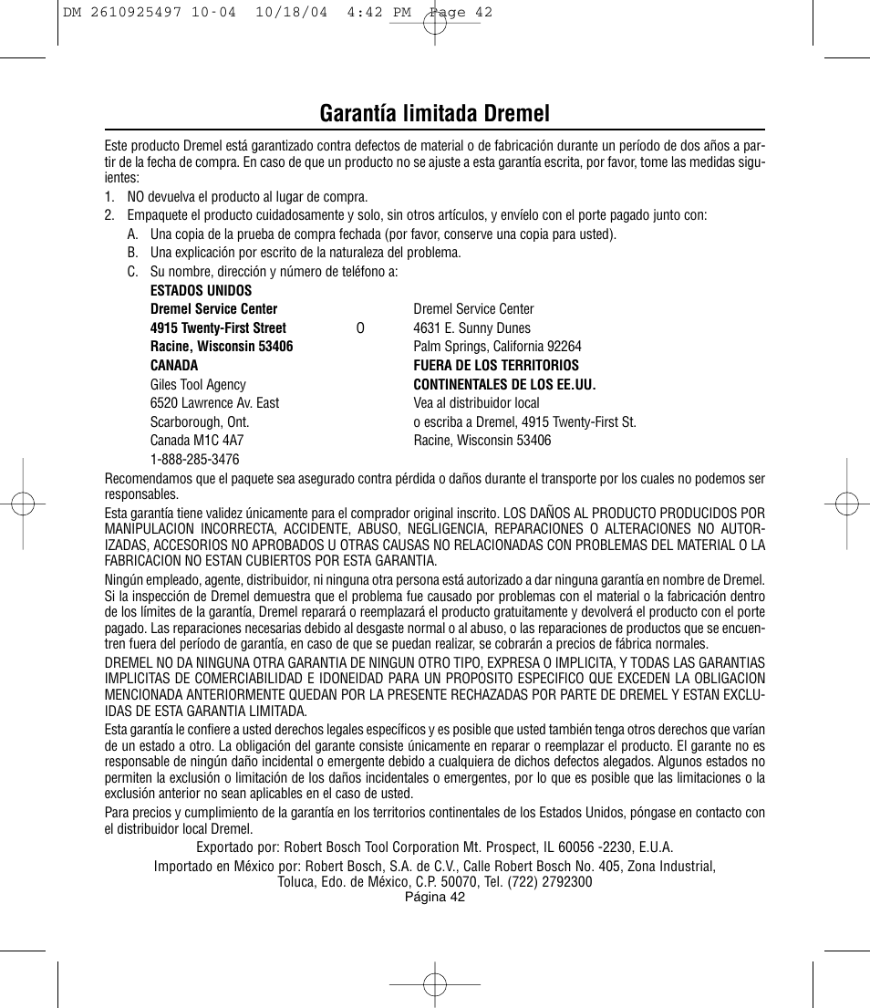 Garantía limitada dremel | Dremel 764 User Manual | Page 42 / 43