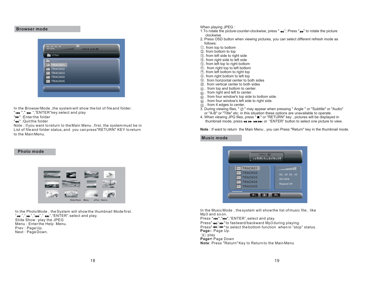 Music mode, Browser mode photo mode | Curtis SDVD8737 User Manual | Page 11 / 14