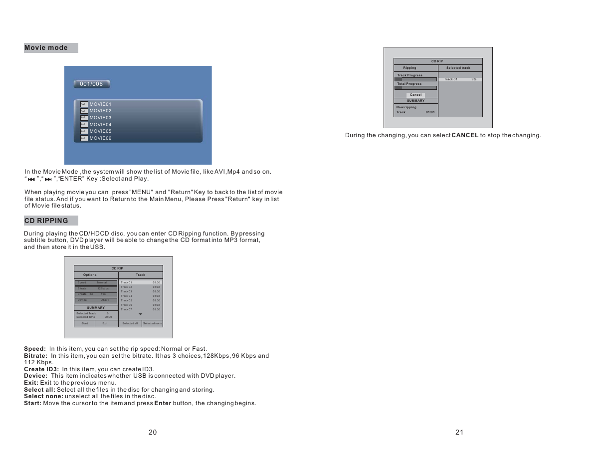 Movie mode, Cd ripping | Curtis SDVD8737 User Manual | Page 12 / 14