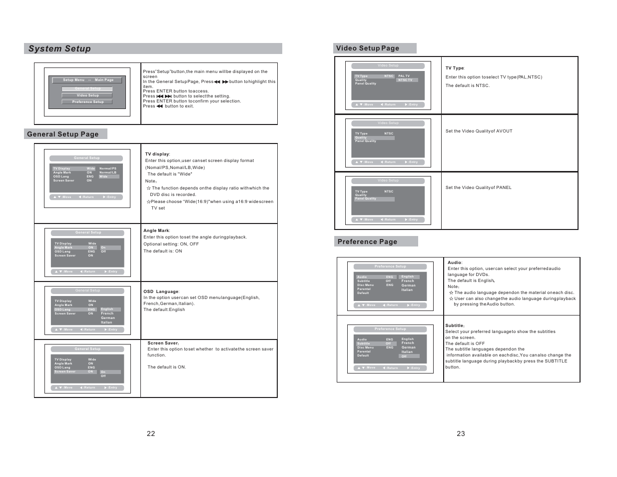 System setup, 23 22 video setup page preference page, General setup page | Curtis SDVD8737 User Manual | Page 13 / 14