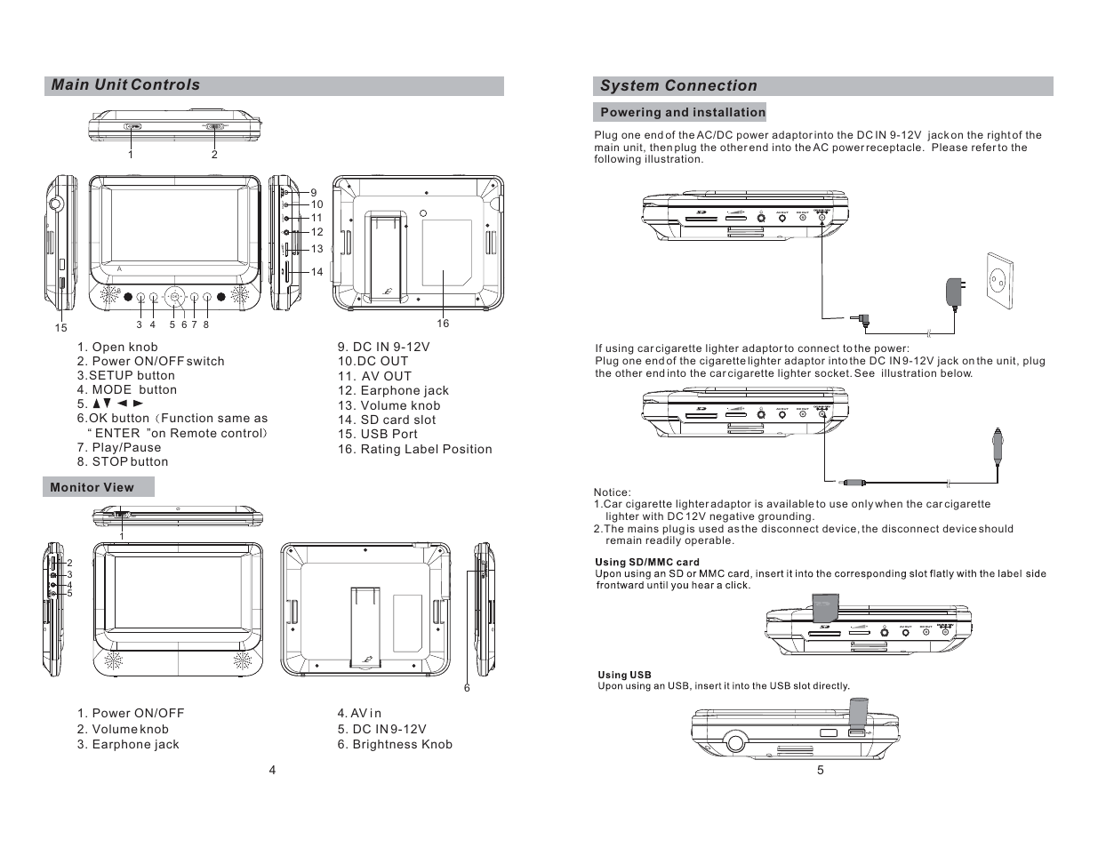 Close on off, Close, Dc out av o u t | On off brightness, System connection, Main unit controls | Curtis SDVD8737 User Manual | Page 4 / 14
