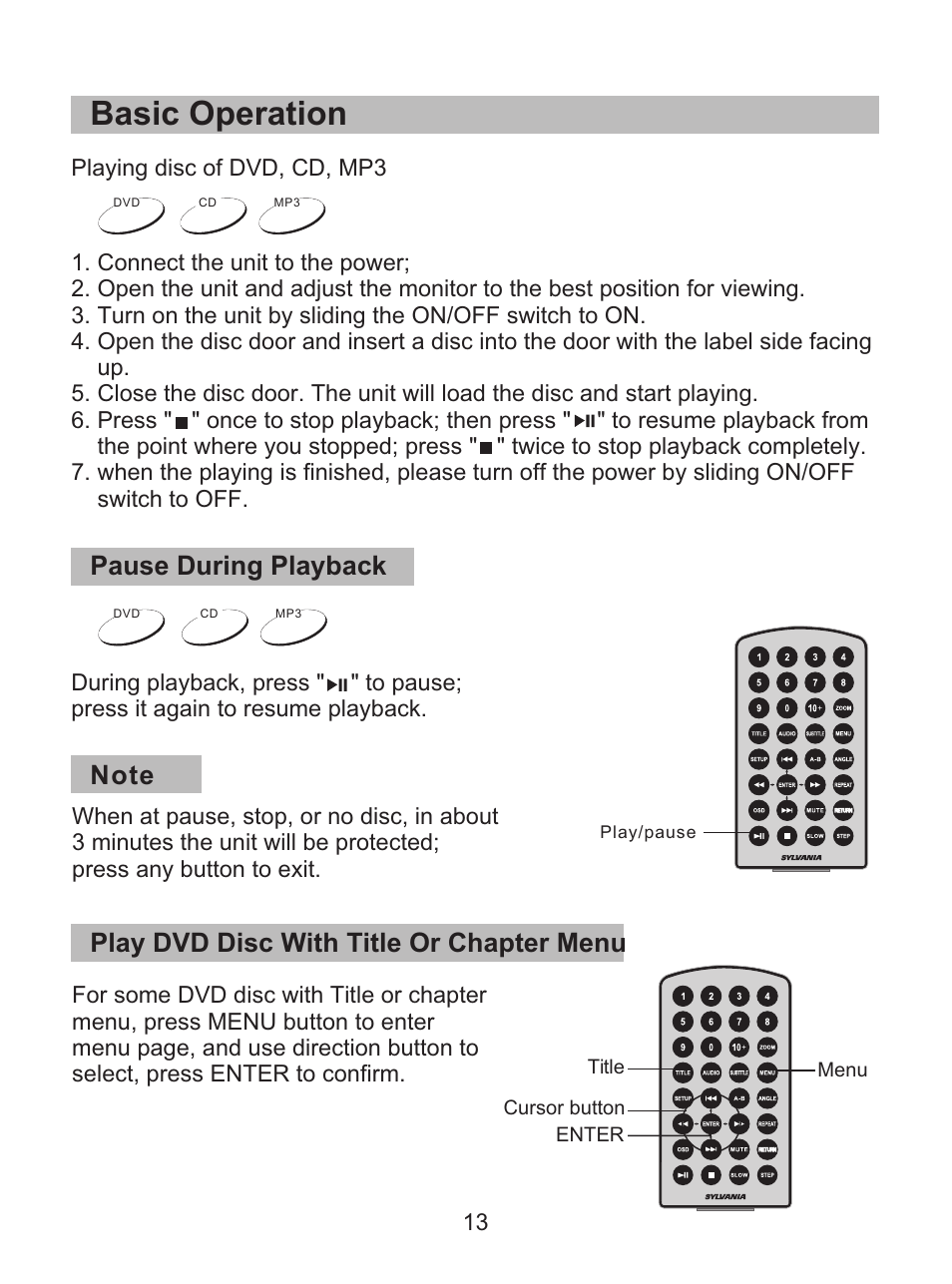 Basic operation, Pause during playback, Play dvd disc with title or chapter menu | Curtis SDVD8738 User Manual | Page 15 / 24