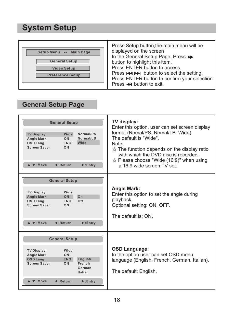 System setup, General setup page | Curtis SDVD8738 User Manual | Page 20 / 24