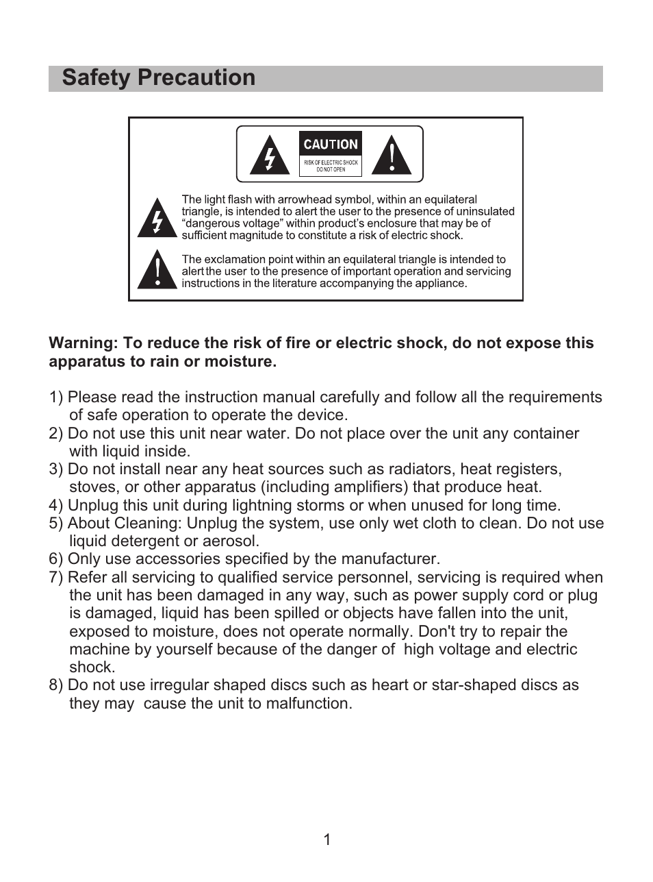 Safety precaution | Curtis SDVD8738 User Manual | Page 3 / 24