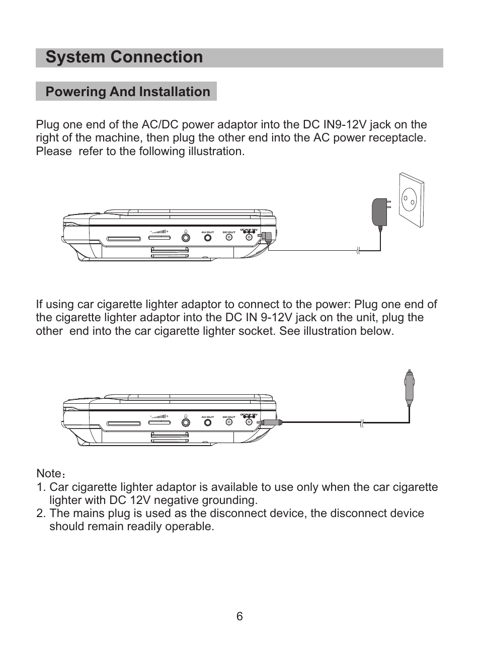 System connection, Powering and installation | Curtis SDVD8738 User Manual | Page 8 / 24
