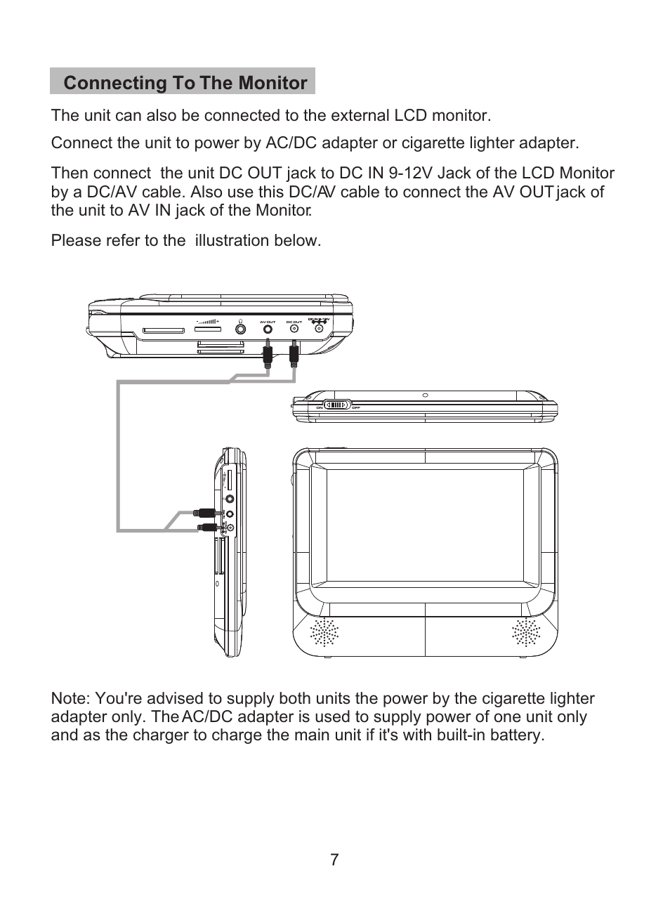 Connecting to the monitor | Curtis SDVD8738 User Manual | Page 9 / 24