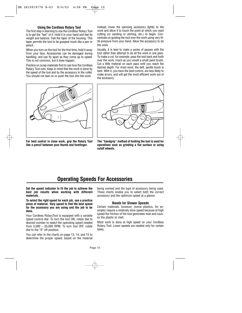 Operating speeds for accessories | Dremel 800 User Manual | Page 10 / 64