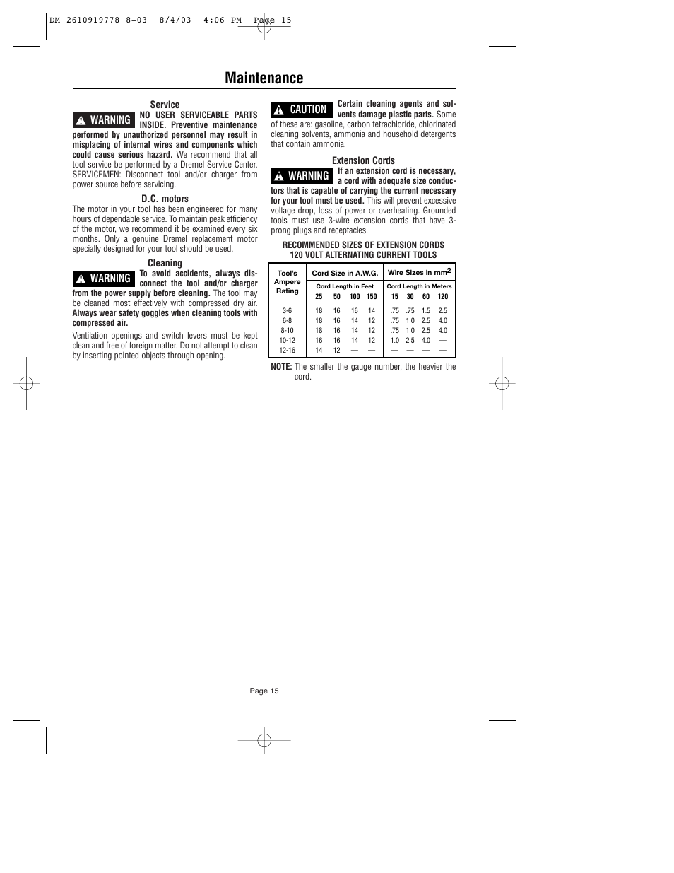 Maintenance, Warning, Caution | Dremel 800 User Manual | Page 15 / 64