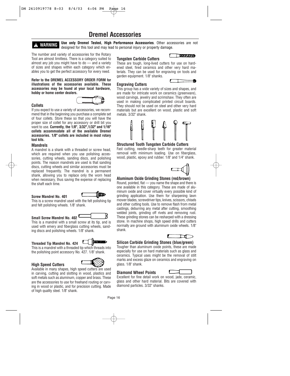 Dremel accessories | Dremel 800 User Manual | Page 16 / 64