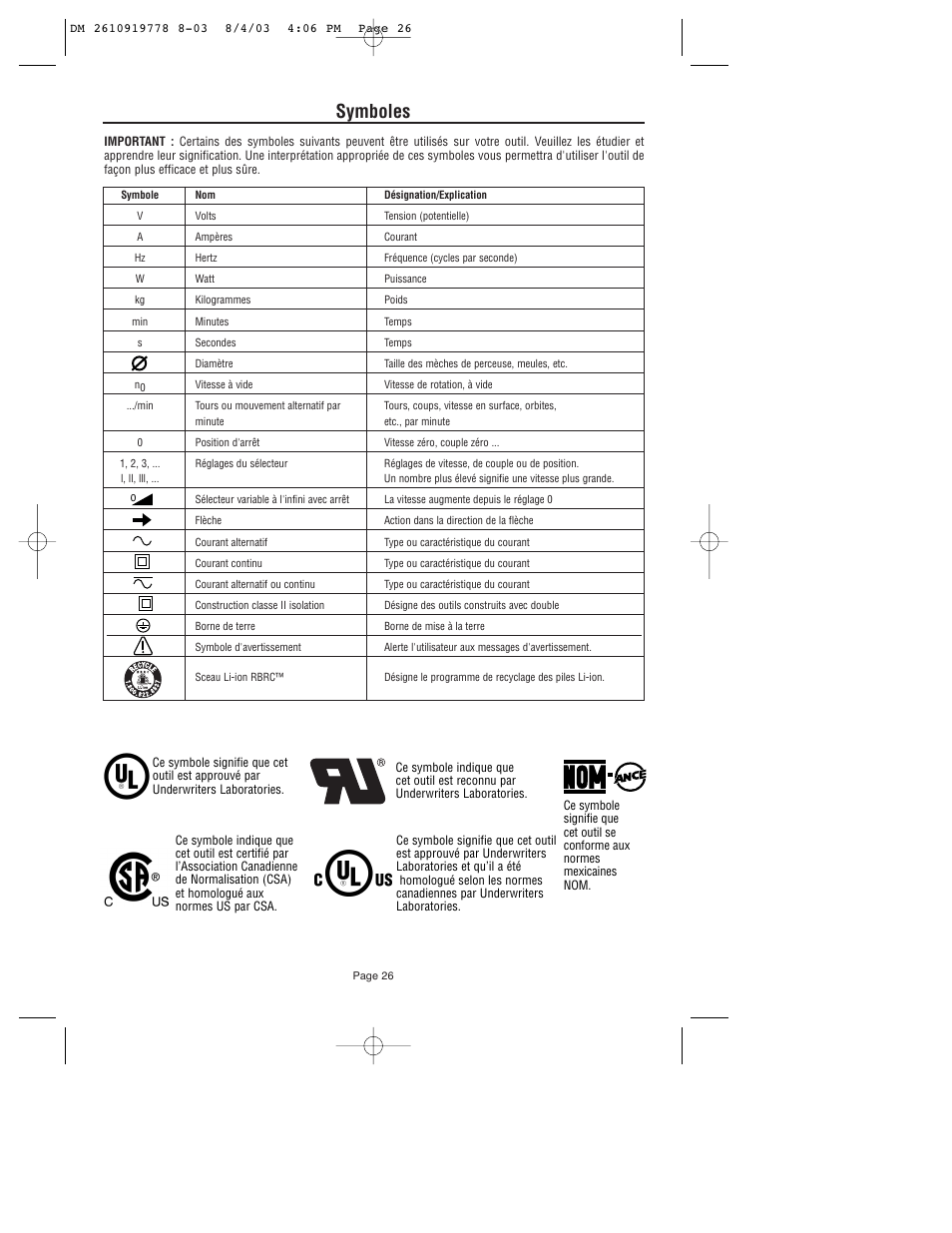 Symboles | Dremel 800 User Manual | Page 26 / 64