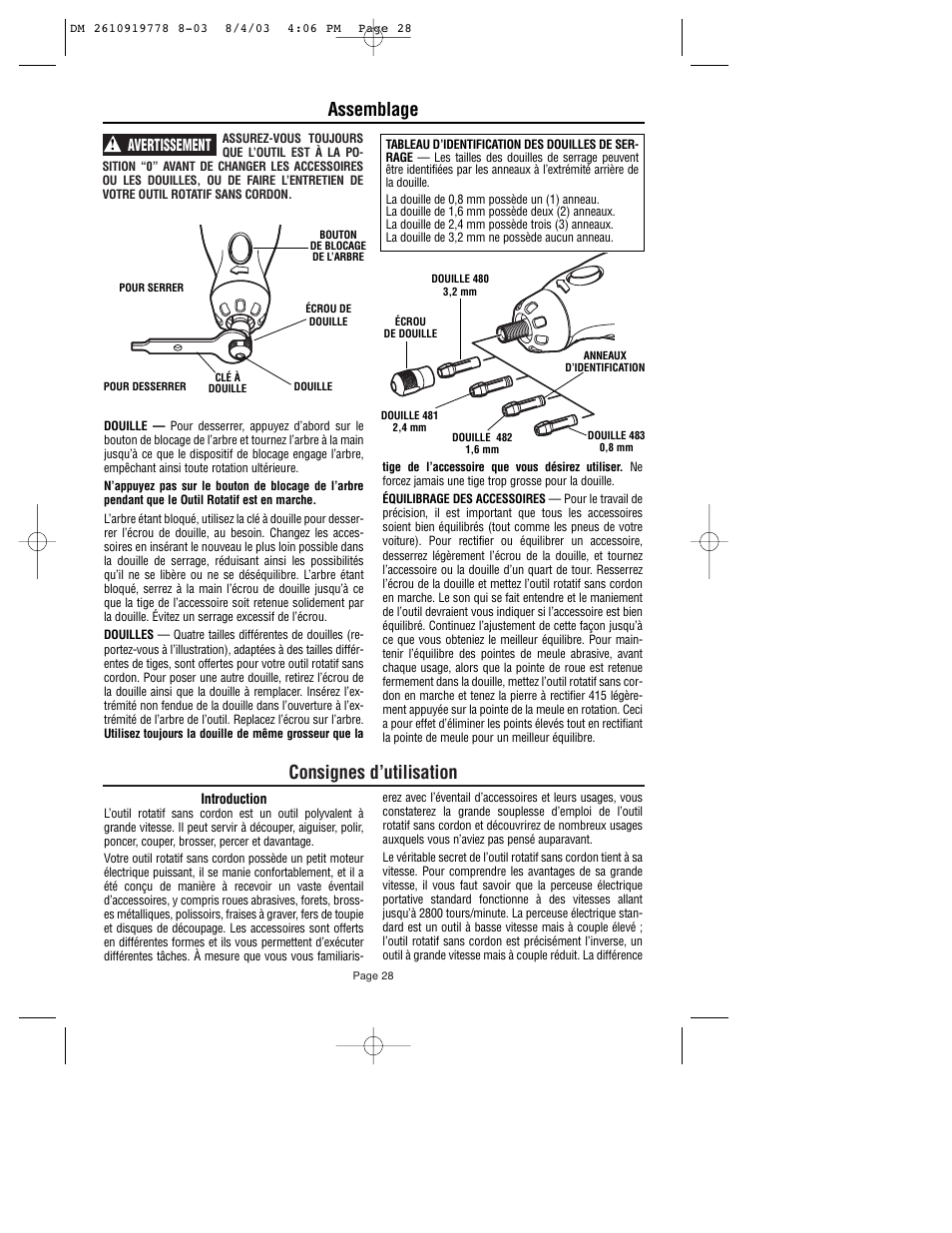 Consignes d’utilisation, Assemblage, Avertissement | Dremel 800 User Manual | Page 28 / 64