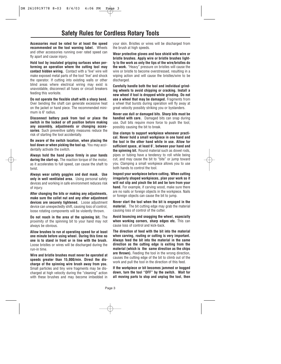 Safety rules for cordless rotary tools | Dremel 800 User Manual | Page 3 / 64