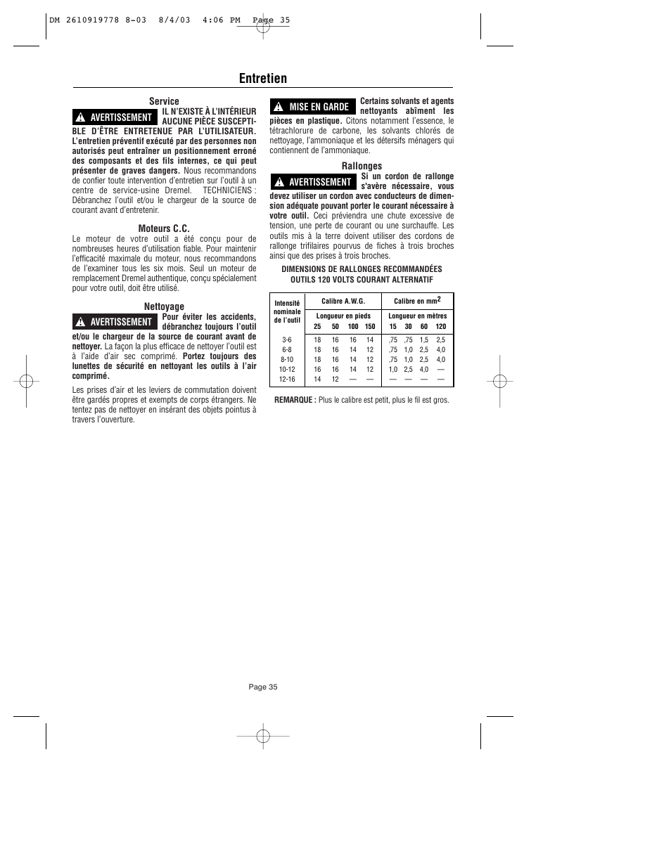 Entretien | Dremel 800 User Manual | Page 35 / 64