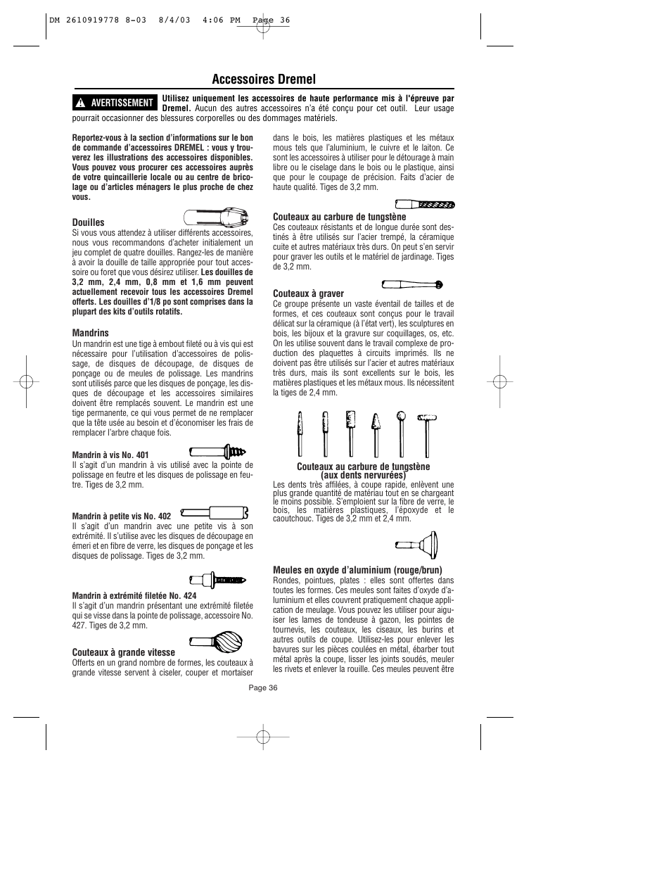 Accessoires dremel | Dremel 800 User Manual | Page 36 / 64