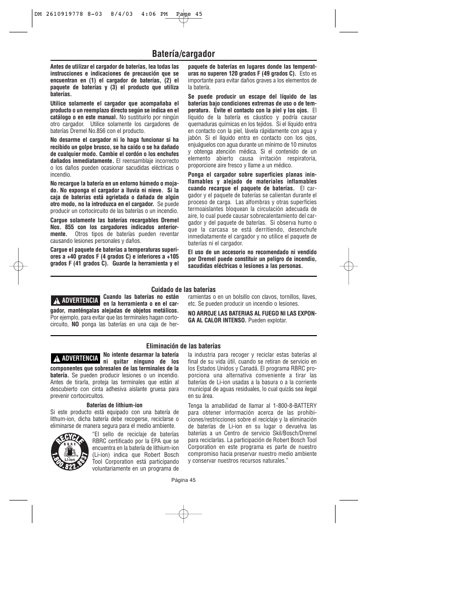 Batería/cargador | Dremel 800 User Manual | Page 45 / 64