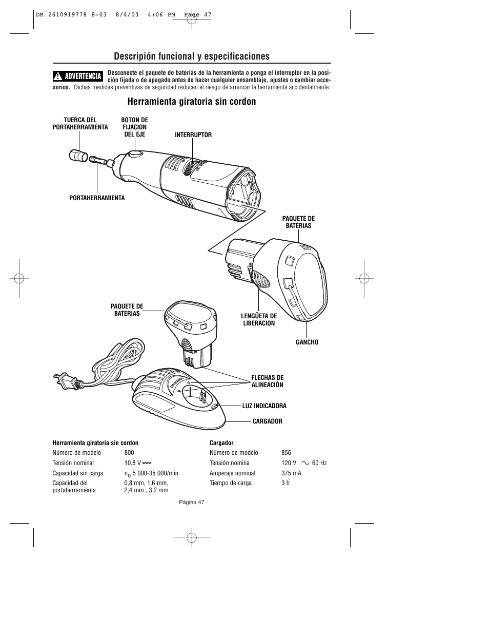 Descripión funcional y especificaciones, Herramienta giratoria sin cordon, Advertencia | Dremel 800 User Manual | Page 47 / 64