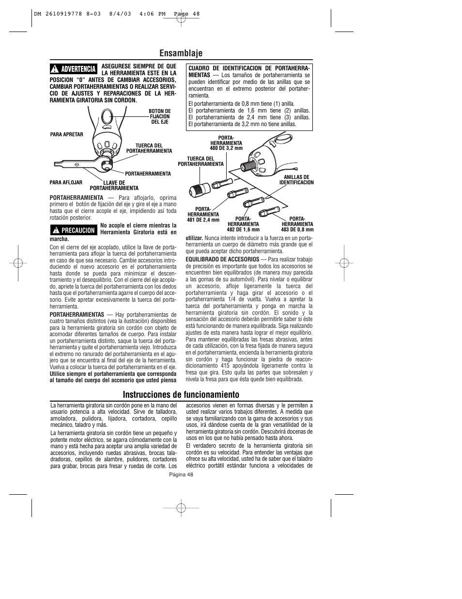 Ensamblaje, Instrucciones de funcionamiento, Advertencia | Dremel 800 User Manual | Page 48 / 64