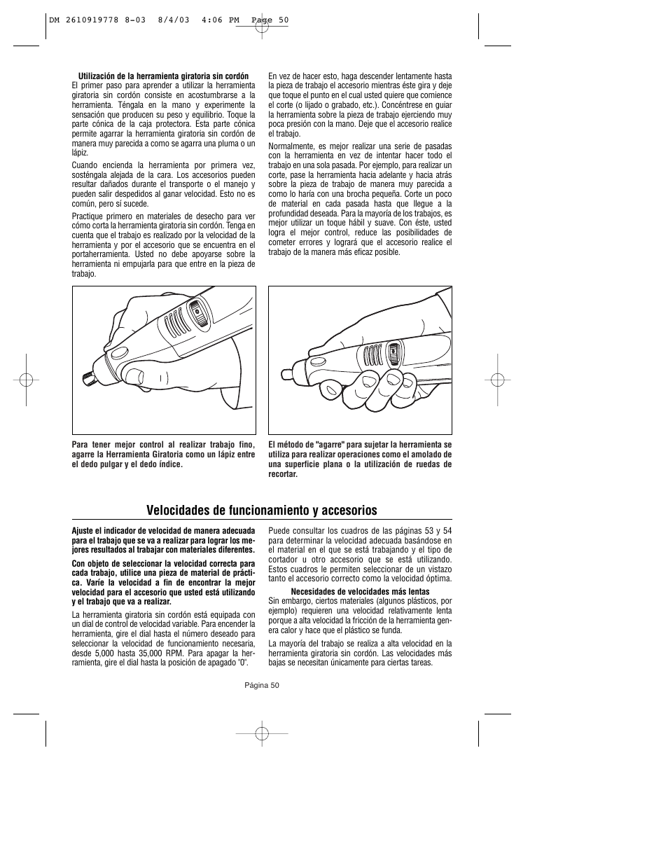 Velocidades de funcionamiento y accesorios | Dremel 800 User Manual | Page 50 / 64