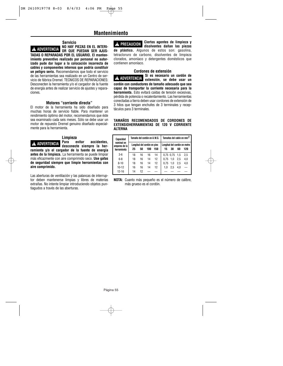 Mantenimiento | Dremel 800 User Manual | Page 55 / 64
