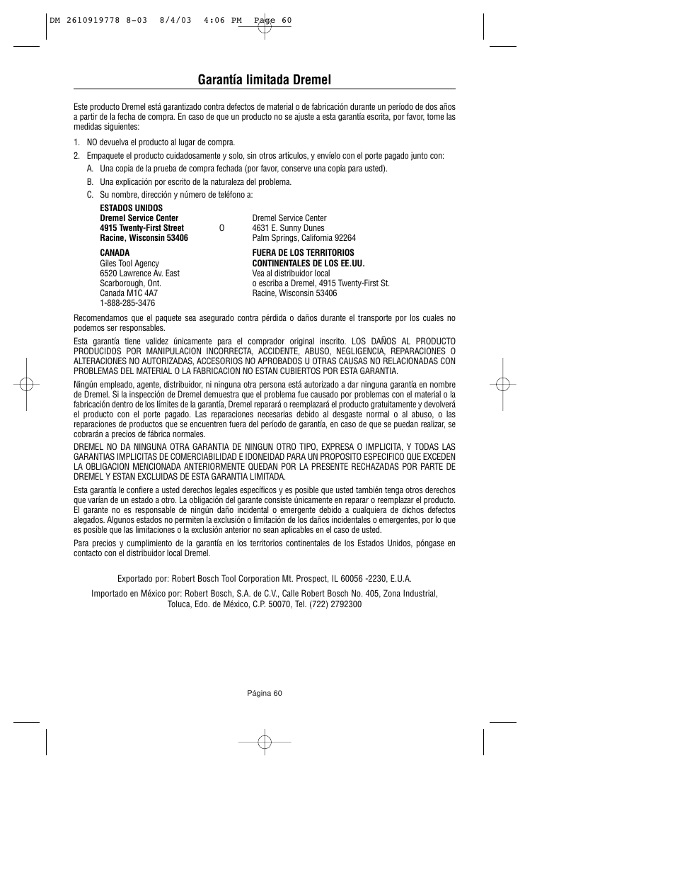 Garantía limitada dremel | Dremel 800 User Manual | Page 60 / 64