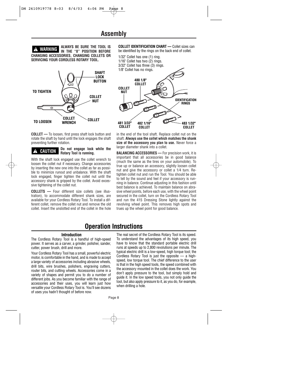 Assembly, Operation instructions | Dremel 800 User Manual | Page 8 / 64