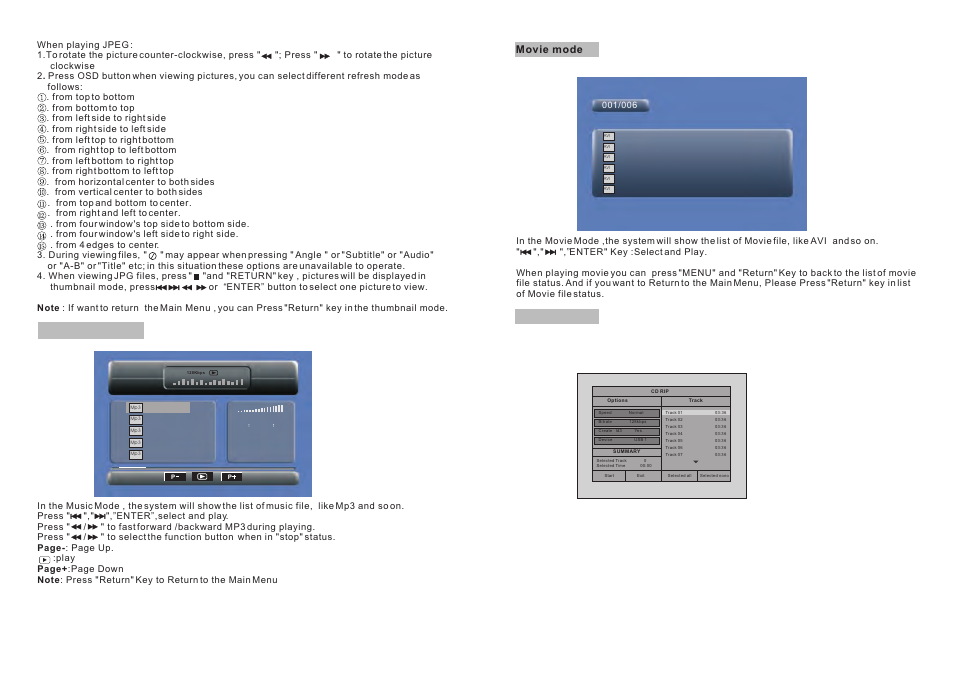 Ò³ãæ 10, Music mode, Movie mode 16 17 | Cd ripping | Curtis SDVD9005 User Manual | Page 10 / 13