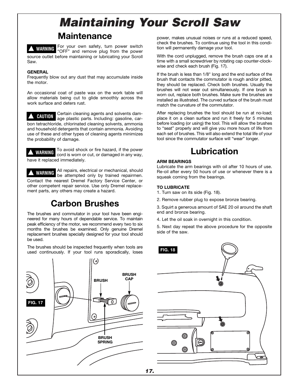 Maintaining your scroll saw, Maintenance, Carbon brushes | Lubrication | Dremel 1680 User Manual | Page 17 / 64