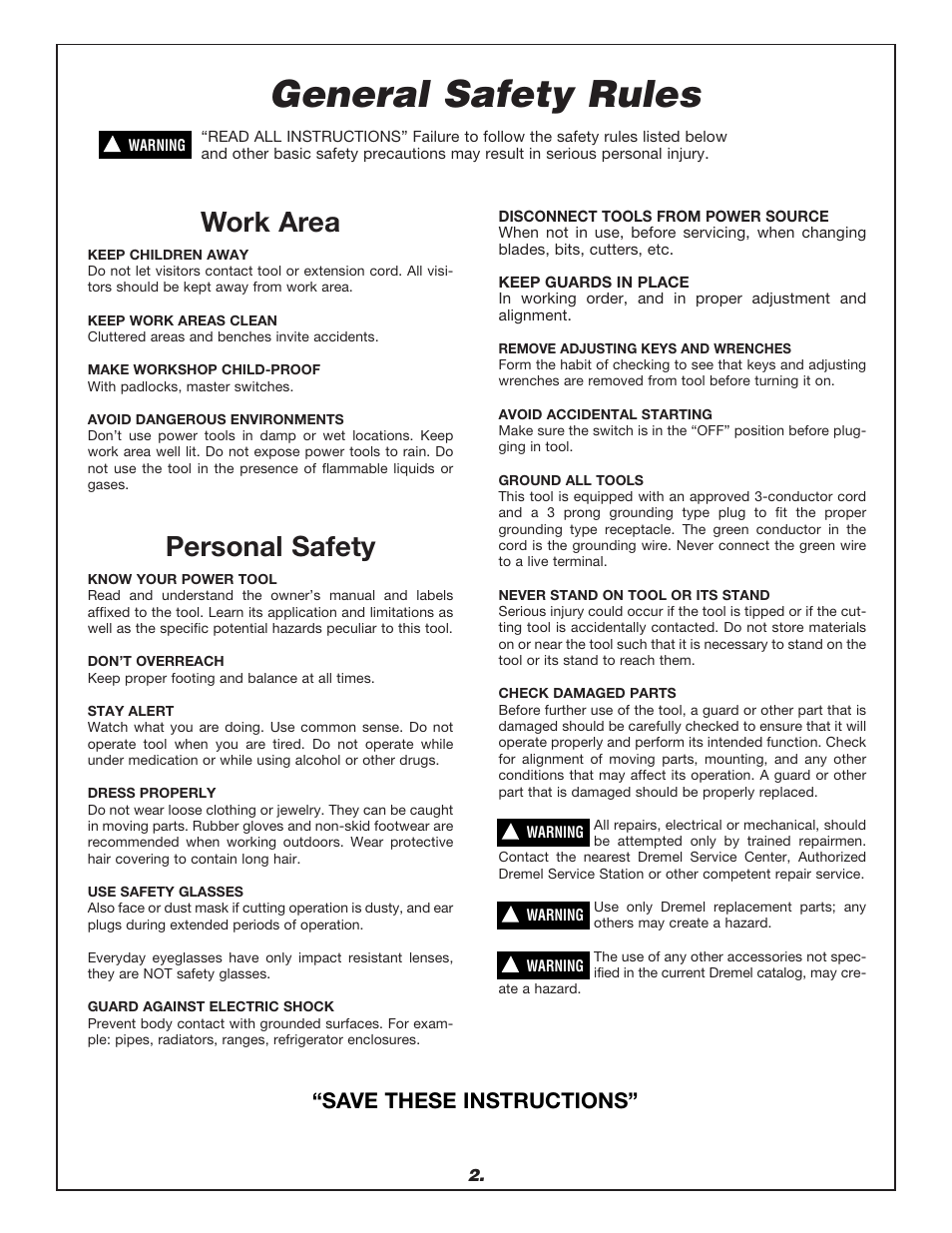 General safety rules, Work area, Personal safety | Save these instructions | Dremel 1680 User Manual | Page 2 / 64