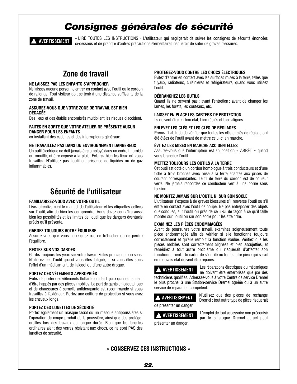 Consignes générales de sécurité, Zone de travail, Sécurité de l’utilisateur | Dremel 1680 User Manual | Page 22 / 64