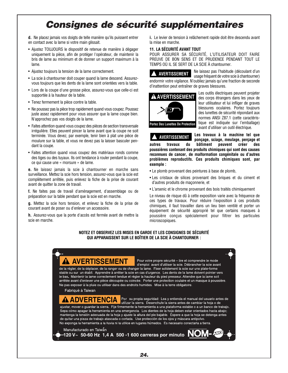 Consignes de sécurité supplémentaires, Avertissement advertencia, Avertissement | Dremel 1680 User Manual | Page 24 / 64