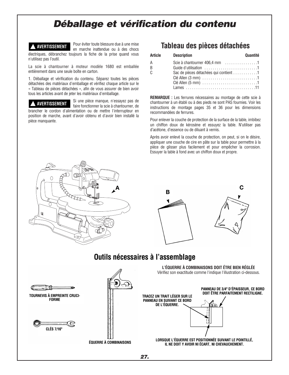 Déballage et vérification du contenu, Tableau des pièces détachées, Outils nécessaires à l’assemblage | Dremel 1680 User Manual | Page 27 / 64