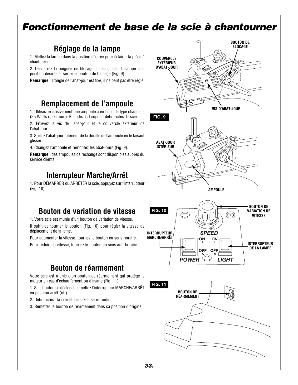 Fonctionnement de base de la scie à chantourner, Réglage de la lampe, Remplacement de l’ampoule | Interrupteur marche/arrêt, Bouton de variation de vitesse, Bouton de réarmement | Dremel 1680 User Manual | Page 33 / 64